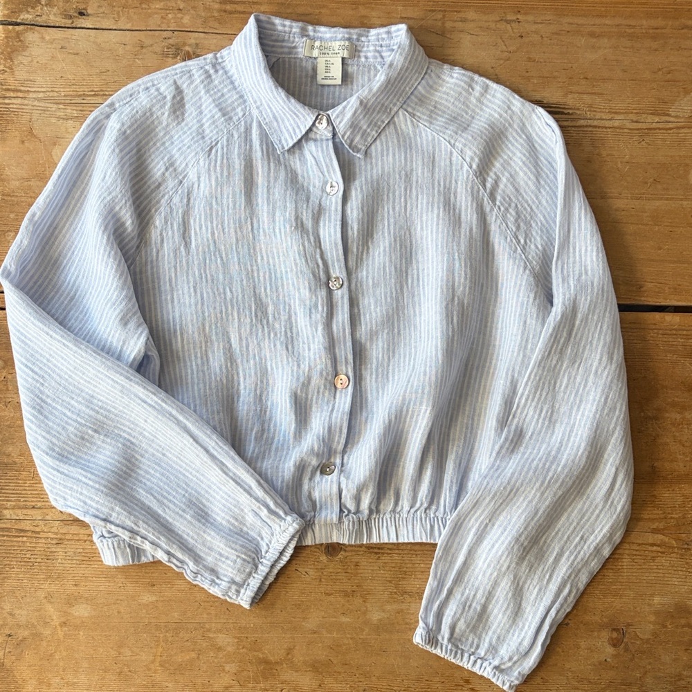 Rachel Zoe Blue and White Striped Linen Shirt Cropped M